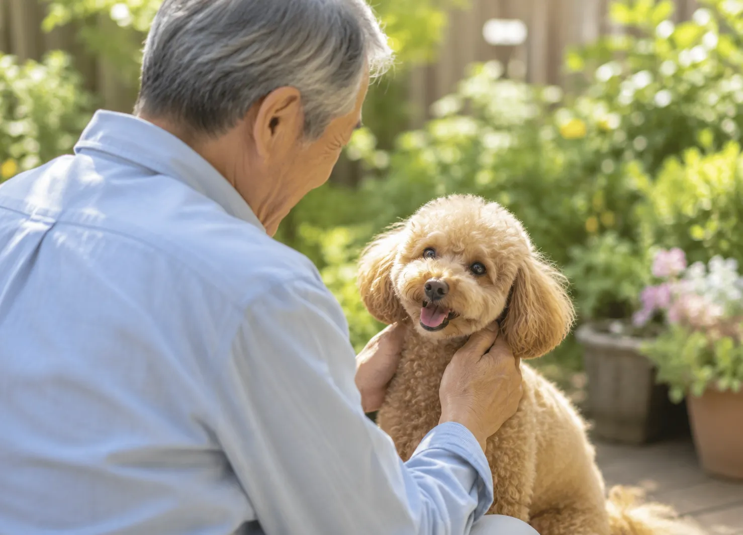 庭でペットと過ごす飼い主